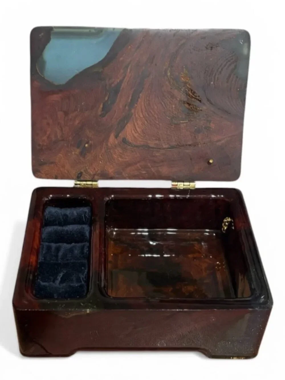 Vintage epoxy jewelry / trinket box featuring a beautiful faux burl wood swirl